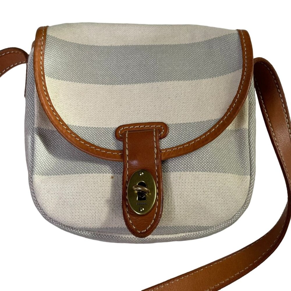Fossil Crossbody Bag Stipe Gray Biege Adjustable Strap Canvas Purse u